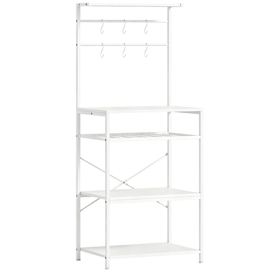 HOMCOM Freestanding Shelving Unit, industrial storage shelf with hooks and wine rack in white