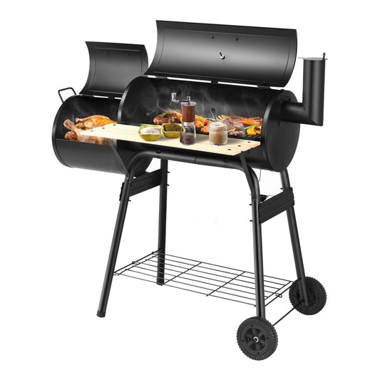 Charcoal BBQ Grill with wheels and shelves for camping picnic party, showing the main body and legs