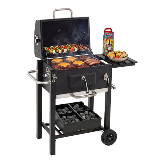 Charcoal Grill with wheels and adjustable charcoal tray, black