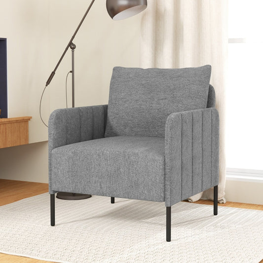 The grey chenille single seat sofa shown in a room with a floor lamp and a television stand