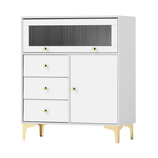 Chest of Drawers with flip up fluted glass door and pull-out drawers in grey