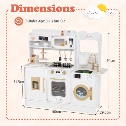 Dimensions diagram for the children's toy kitchen set, showing height, width and depth