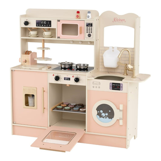 Children Pretend Toy Kitchen Playset with stoves and coffee machine in pink, a front view
