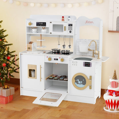 The play kitchen set in a room with a Christmas tree and presents, showing its full size