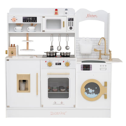 Children Pretend Toy Kitchen Playset with stoves and coffee machine in white, a full front view