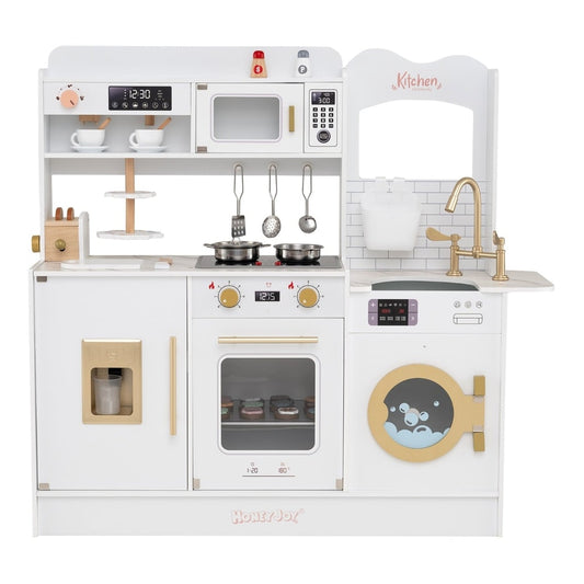 Children Pretend Toy Kitchen Playset with stoves and coffee machine in white, a full front view