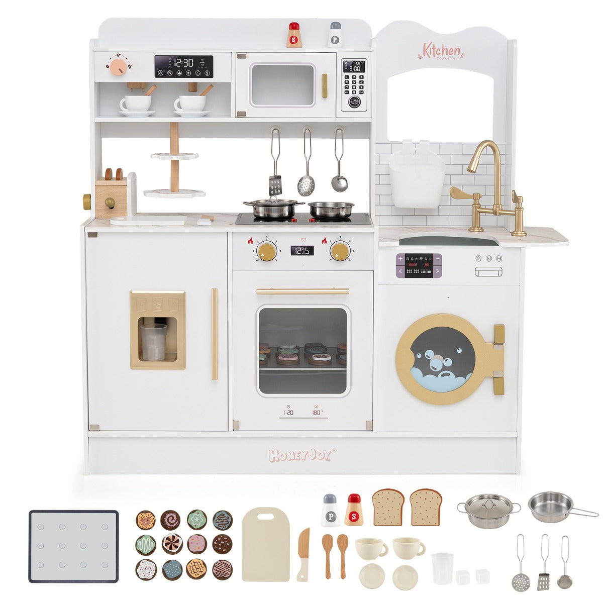 All the parts included in the toy kitchen set, laid out on the floor
