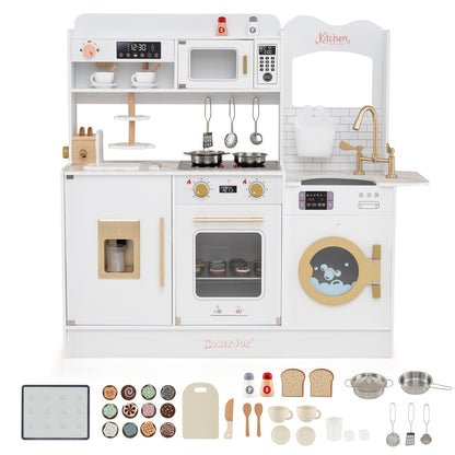 All the parts included in the toy kitchen set, laid out on the floor