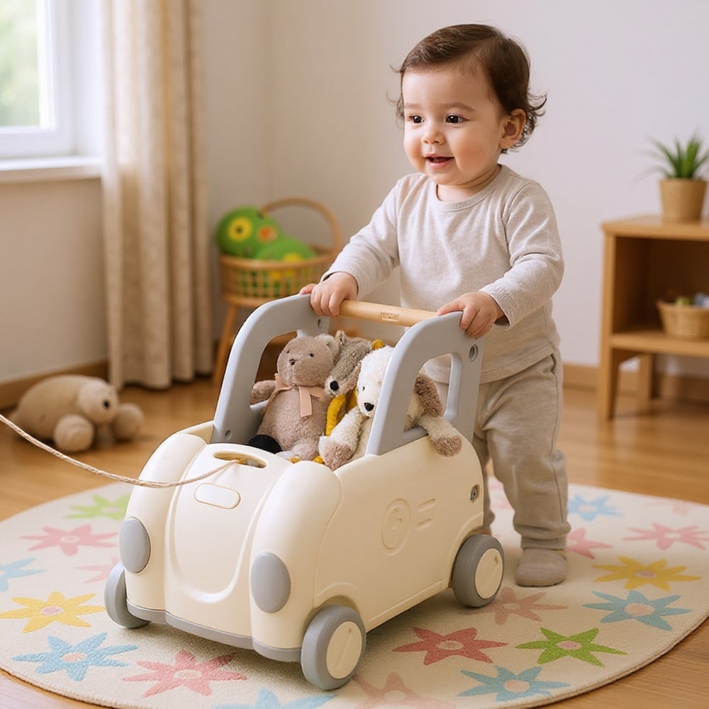 A smiling baby pushing a white walker cart filled with toys across a colourful rug