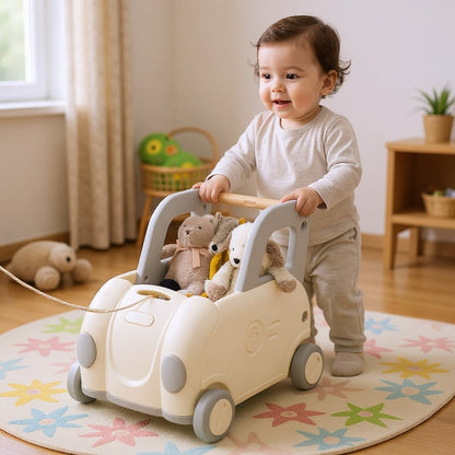 A smiling baby pushing a white walker cart filled with toys across a colourful rug