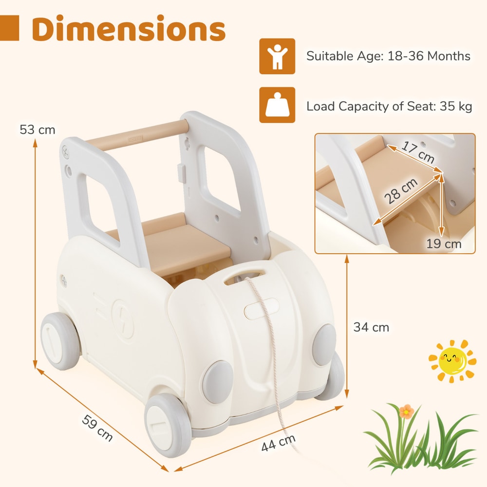 Dimensions diagram for the white baby walker cart, showing height and width measurements