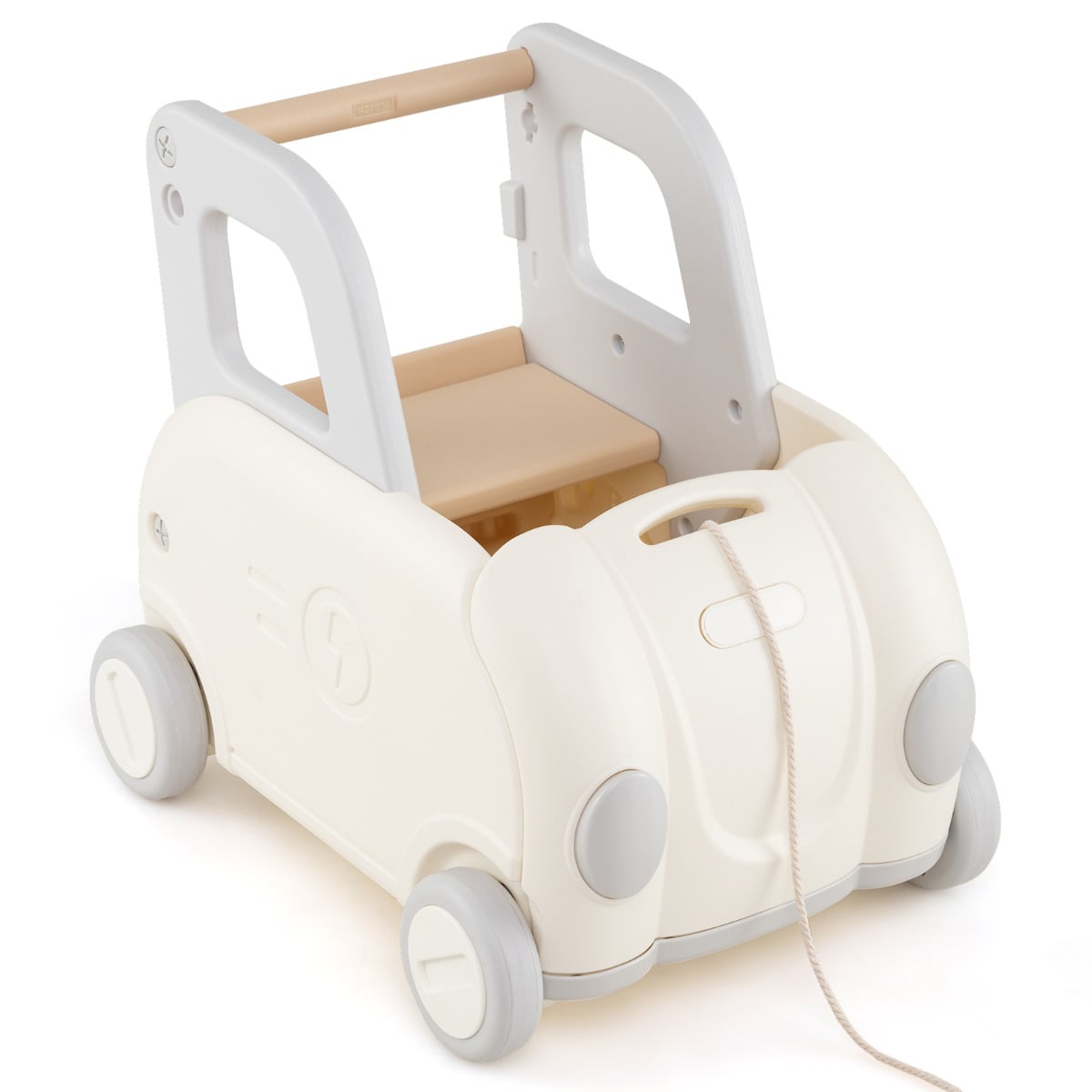 White baby walker cart with a wooden handle and grey wheels, shown from the front