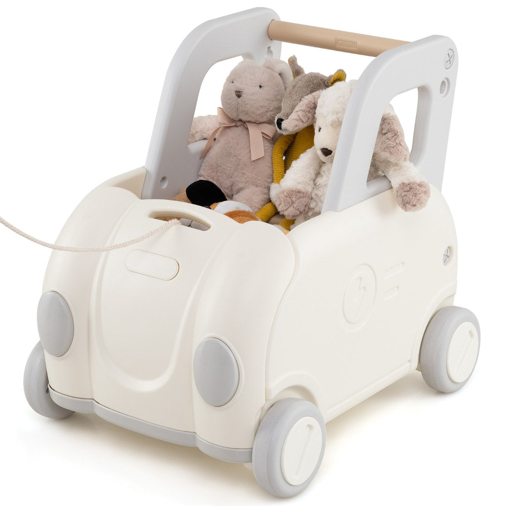 Children Push Walker Cart with Handle and Wheels, a white toy car with teddy bears inside