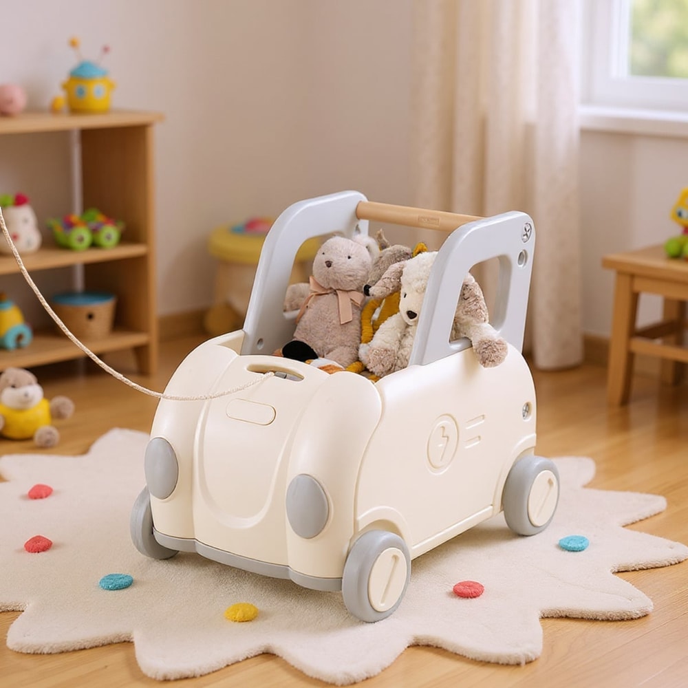 White baby walker cart with teddy bears and a yellow toy, placed on a rug in a nursery