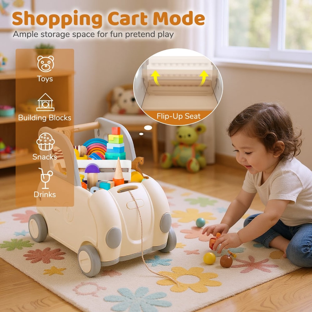 A child playing with the white walker cart in shopping cart mode, filled with toys