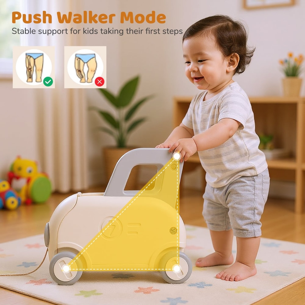 A baby taking first steps with the white walker cart, showing push walker mode