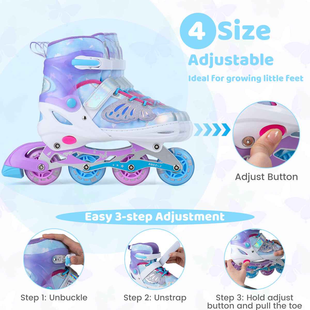 Children Roller Blades, the toy sports skates with diagrams showing how to adjust the size using the side button