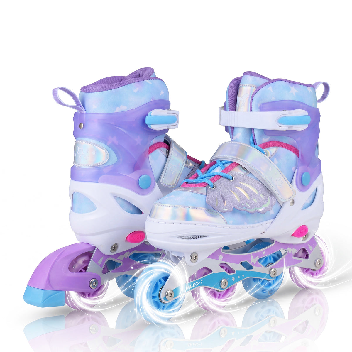 The pair of toy sports skates shown together with glowing wheels on a white background