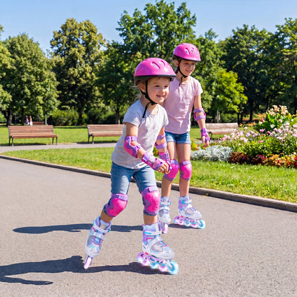 Two children wearing roller blades and safety gear skating together on a sunny path