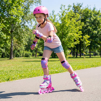 A young girl wearing pink protective gear and children roller blades on a path