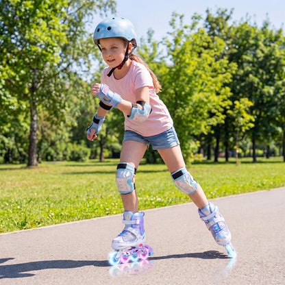 Children Roller Blades, a young girl wearing the toy sports gear and protective pads skating on a park path