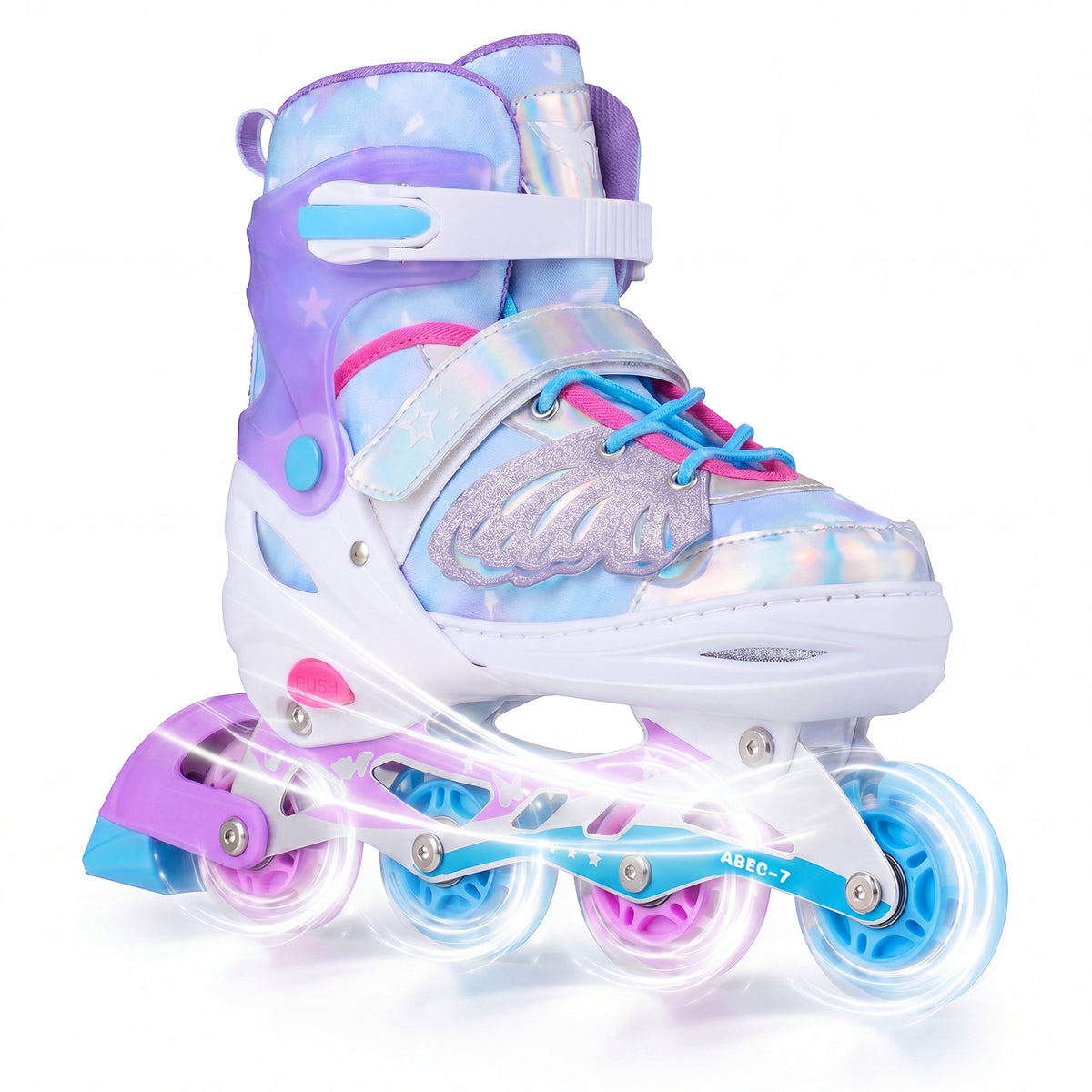 Children Roller Blades in blue with light up wheels and a rear brake on a white background