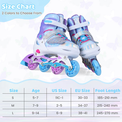 Children Roller Blades, the toy sports skates displayed next to a table showing available sizes and age ranges