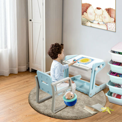 The art easel and chair being used by a young child drawing on the white surface