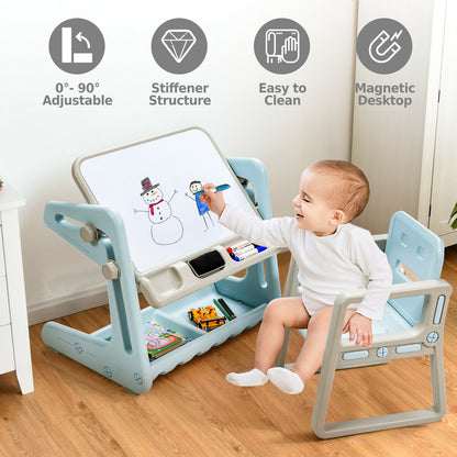 The art easel with a child drawing a snowman on the magnetic whiteboard surface