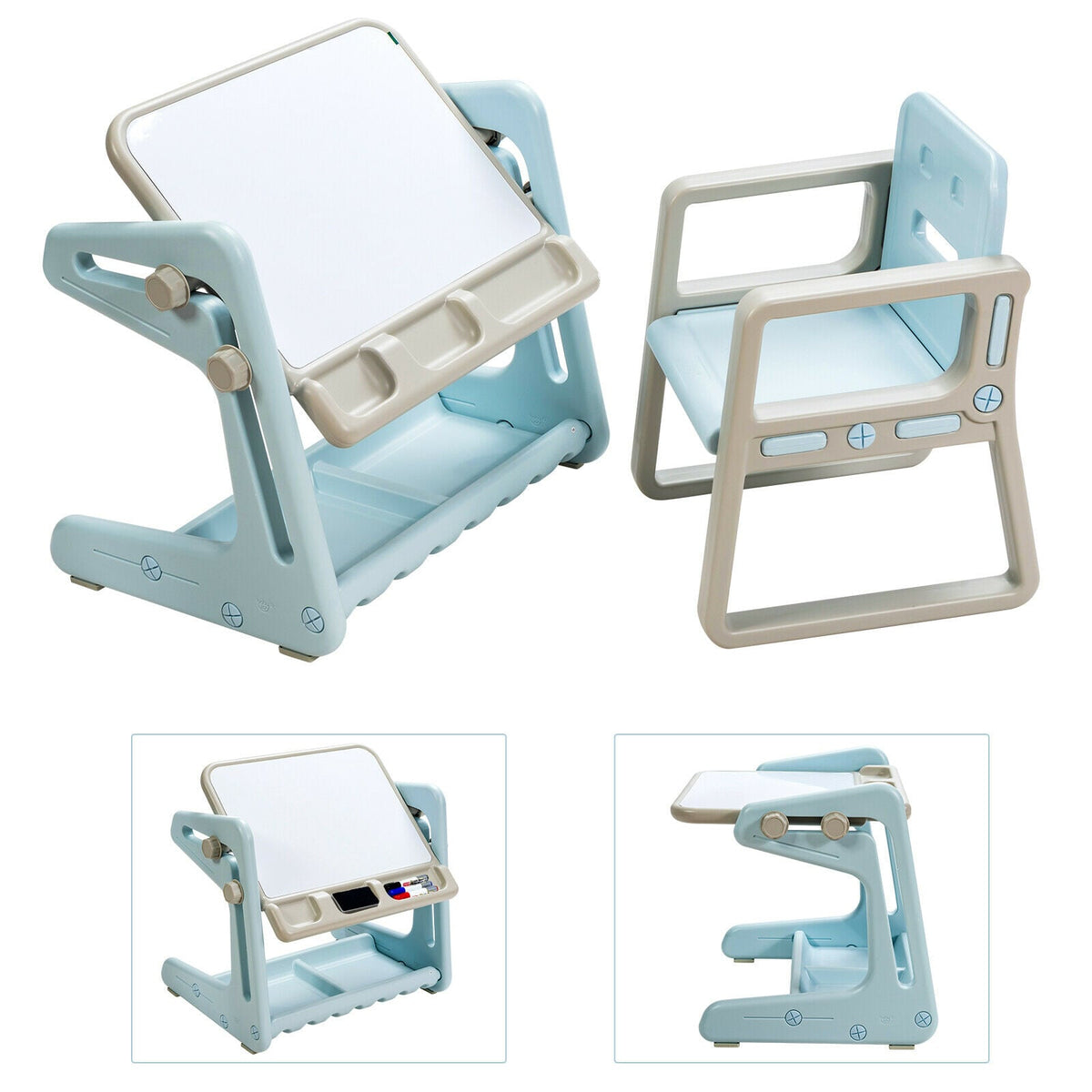 Children's Art Easel / Table and Chair Set in blue with a matching chair and storage base