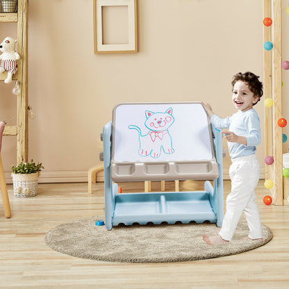 The art easel standing on a rug with a child drawing a cat on the whiteboard