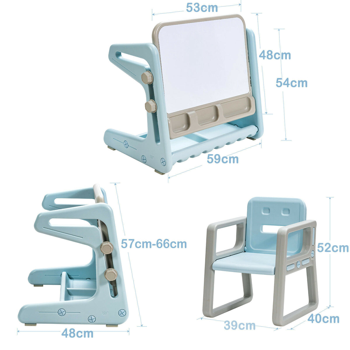 The art easel and chair shown with various dimension lines and measurements