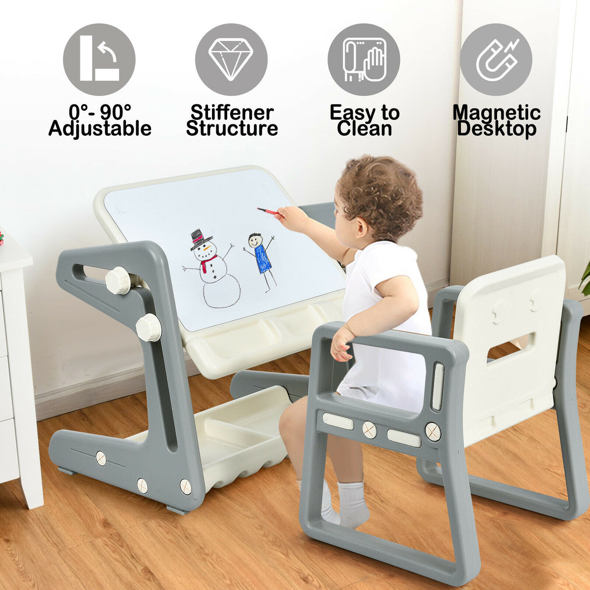 Close up of the art easel table and chair set with a child drawing