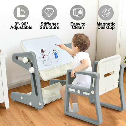 Close up of the art easel table and chair set with a child drawing