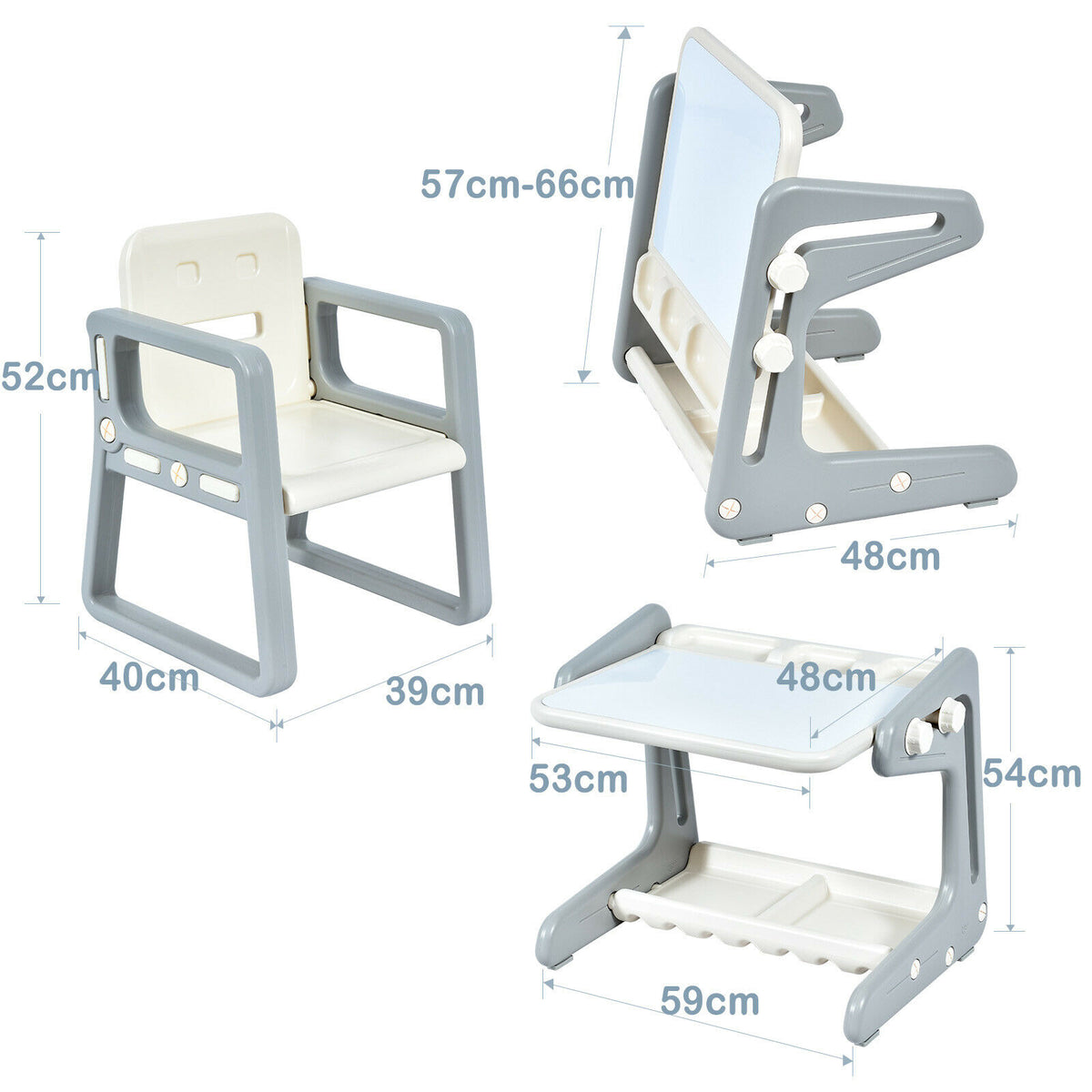 The art easel table and chair set with dimensions shown