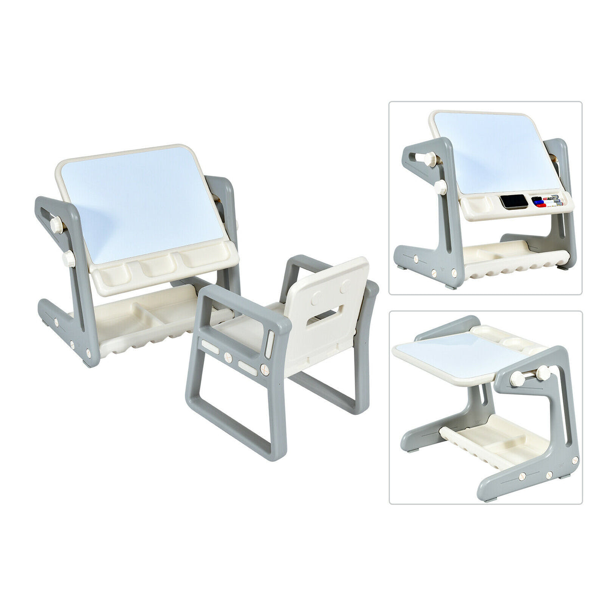 Children's Art Easel / Table and Chair Set with ample storage space in grey
