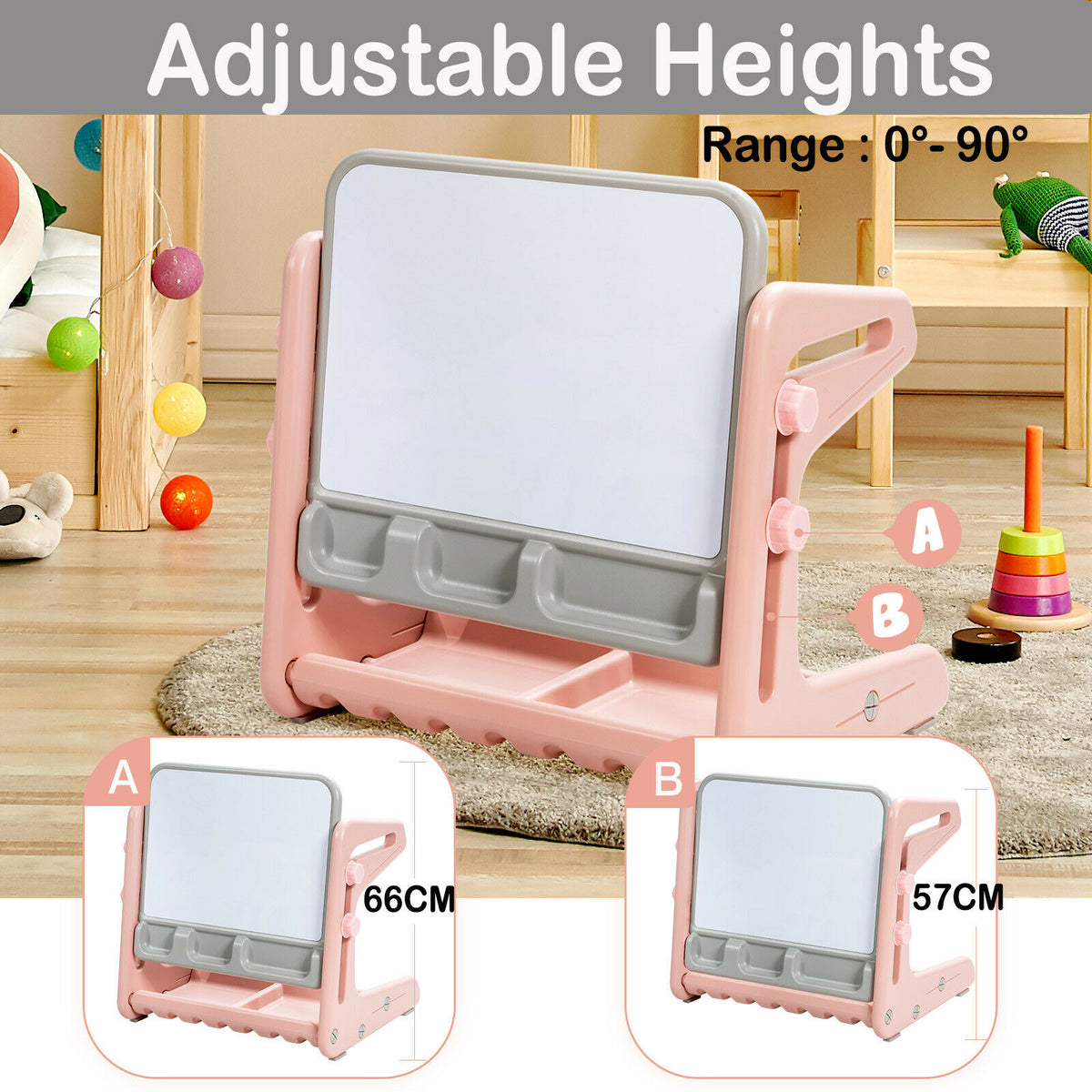 The art easel and chair set adjusted to two different heights for children