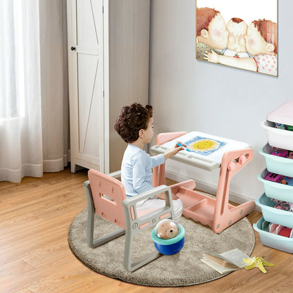 The art easel and chair set in use by a child in a nursery room
