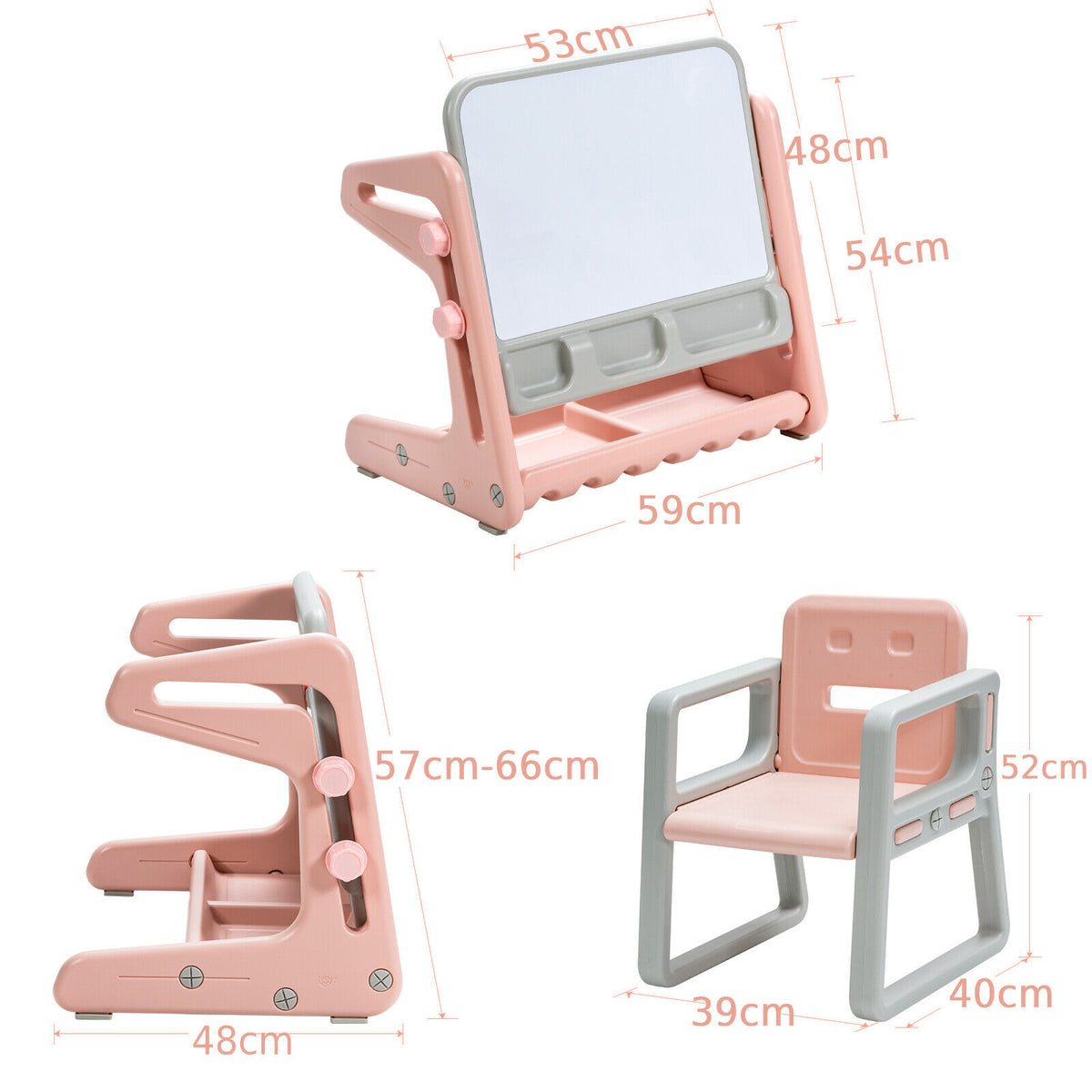 Dimensions of the art easel and chair set shown with measurements