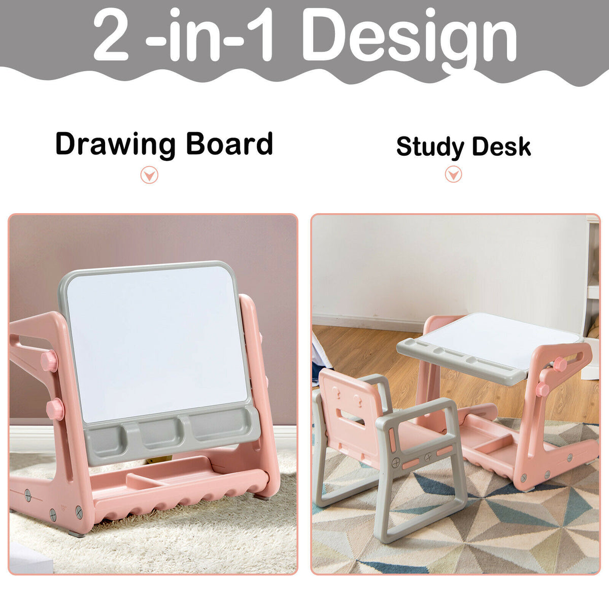 The art easel and chair set shown as a drawing board and as a study desk