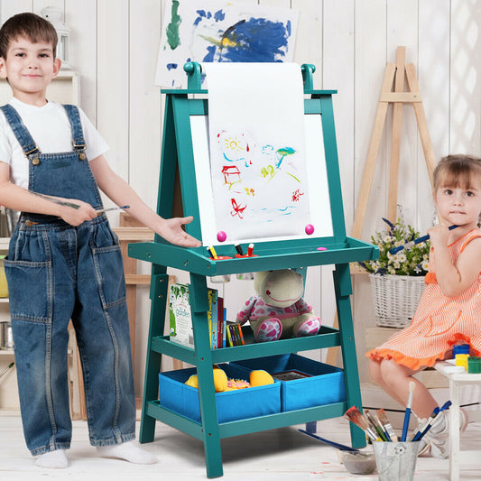 The art easel in a room with two children using it, one pointing at the whiteboard