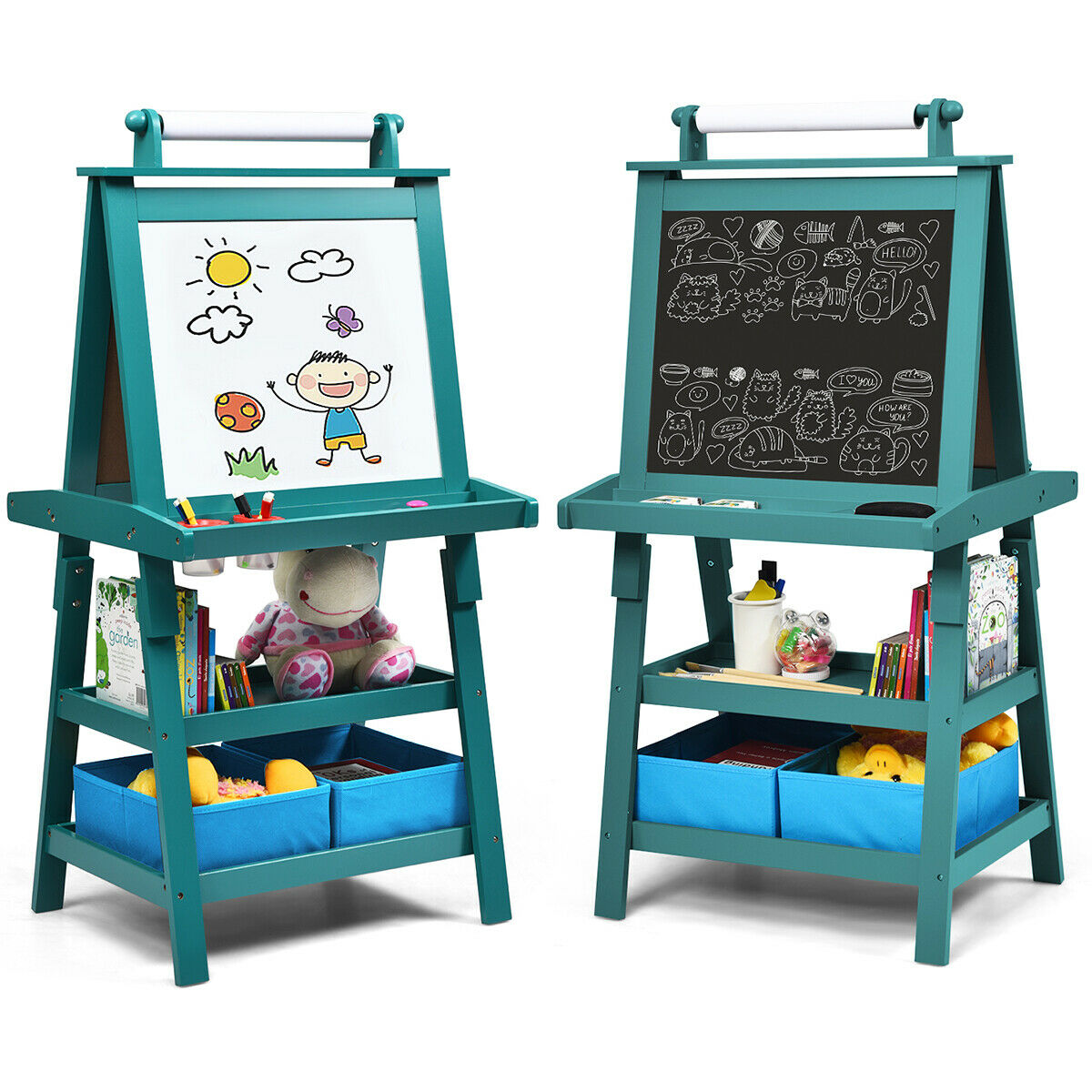 Children's Double-Sided Art Easel with Paper Roll-Blue, showing the whiteboard and chalkboard sides with storage baskets