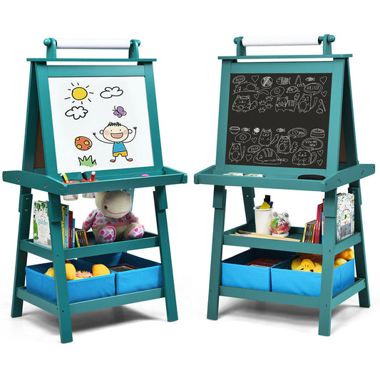 Children's Double-Sided Art Easel with Paper Roll-Blue, showing the whiteboard and chalkboard sides with storage baskets