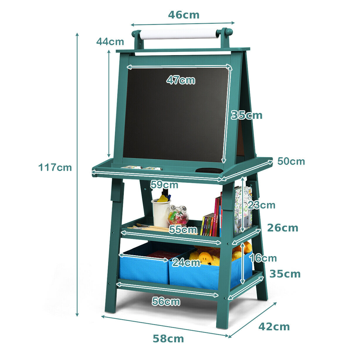 A size diagram of the blue children's art easel with dimensions labelled