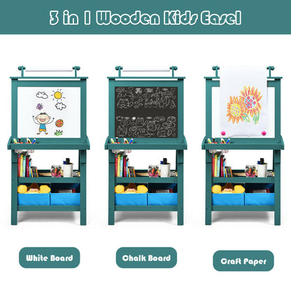 Three views of the children's art easel: whiteboard, chalkboard and craft paper
