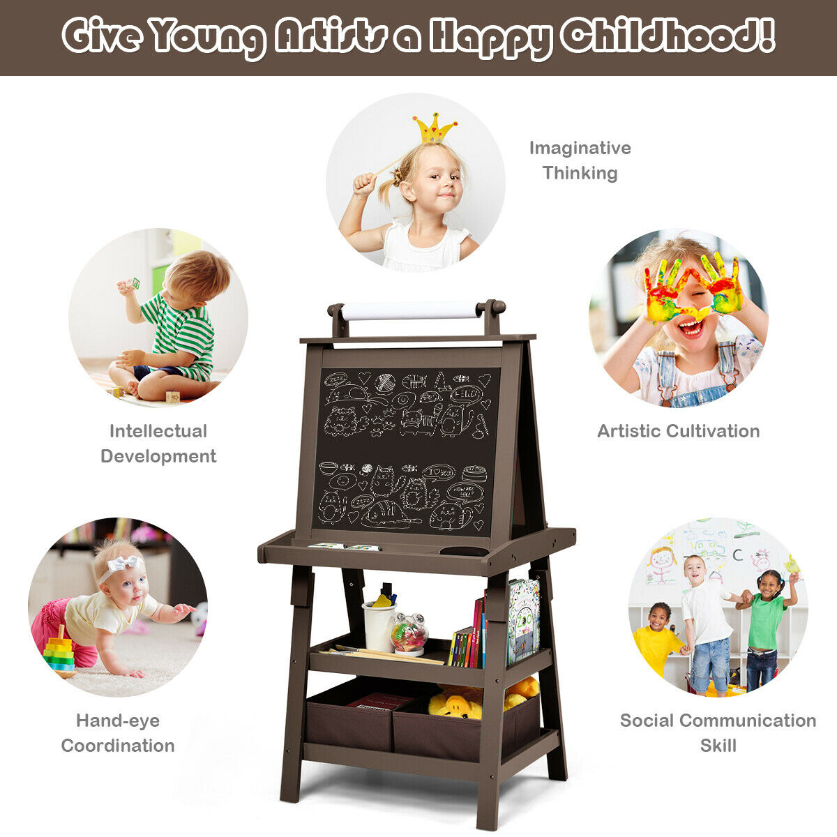 Collage of children engaging in various creative activities, with the art easel visible