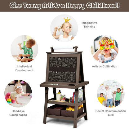Collage of children engaging in various creative activities, with the art easel visible
