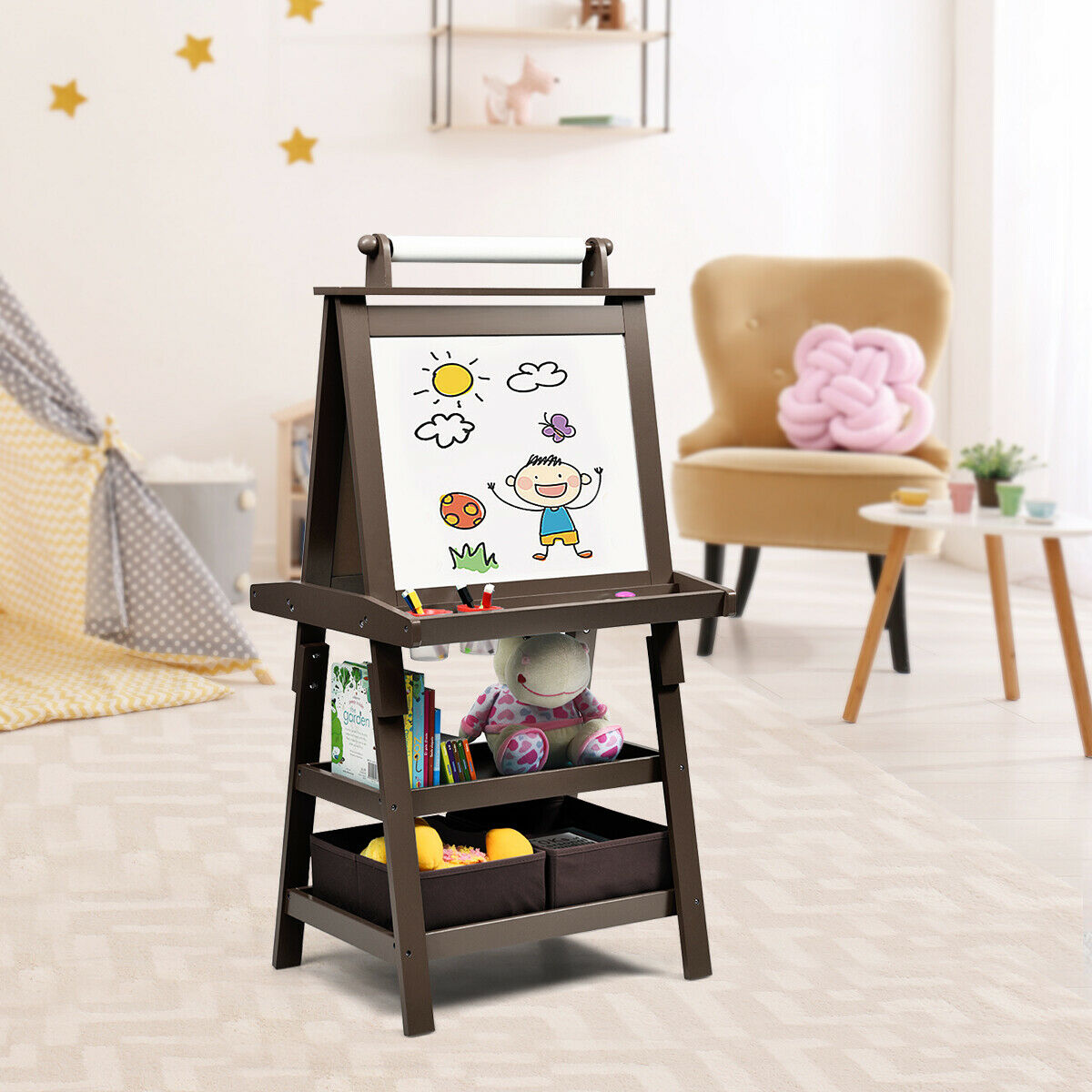 Brown art easel with paper roll in a child's playroom with toys and furniture