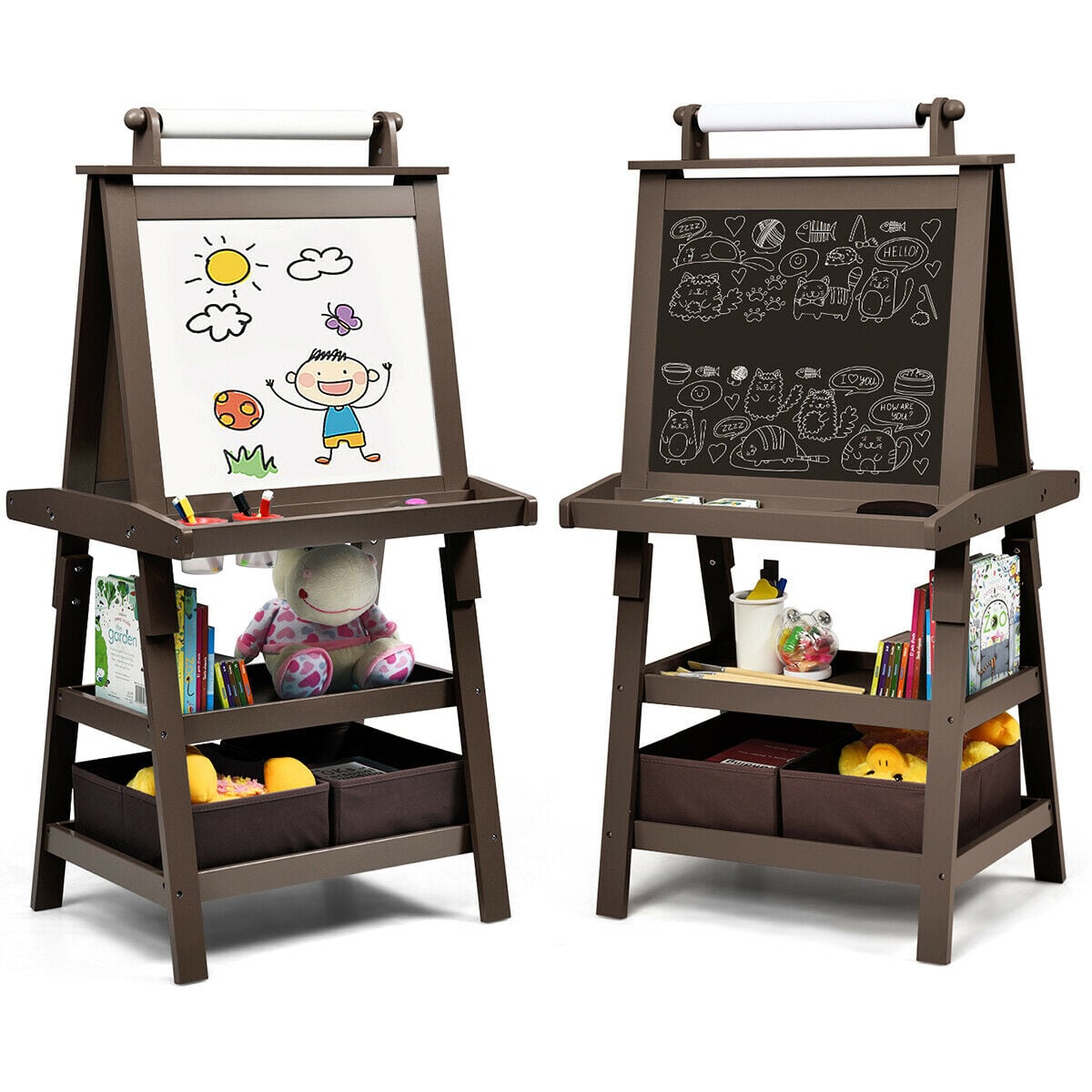 Children's Double-Sided Art Easel with Paper Roll in brown, showing a whiteboard and a chalkboard side with drawings and
