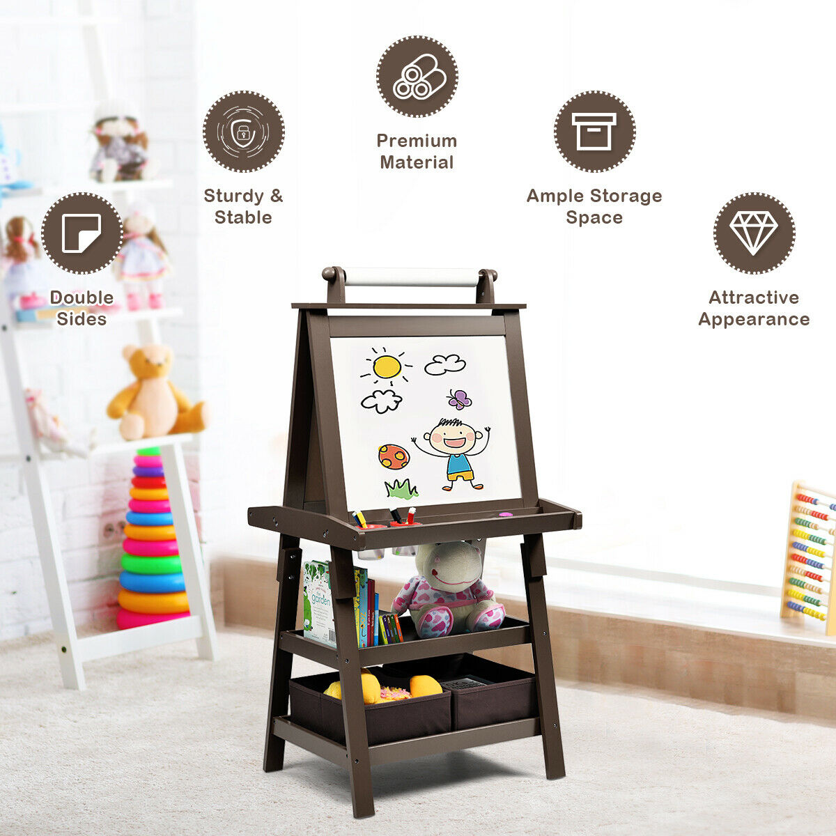 Brown art easel with paper roll featuring text about its benefits and a drawing on the whiteboard